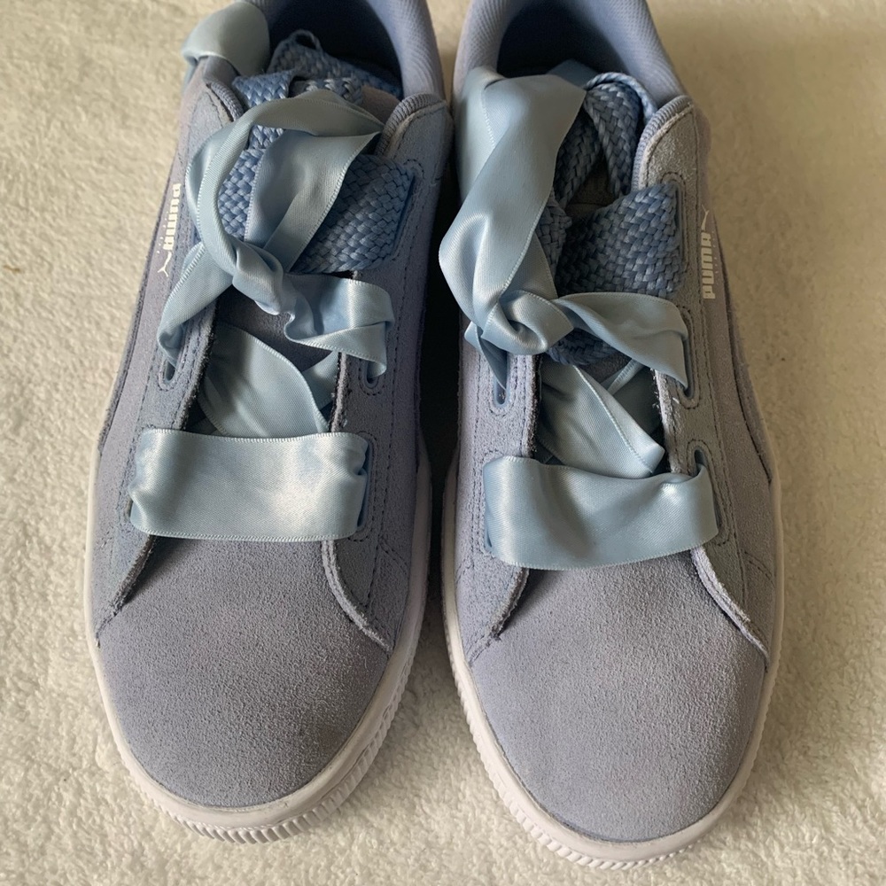 Periwinkle Ribbon Suede Pumas - Picture 2 of 3